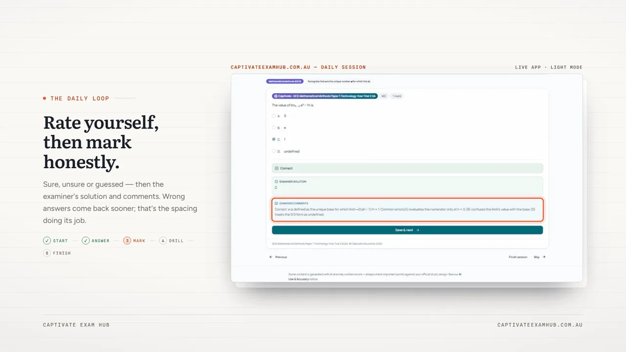 A frame from the daily-loop tutorial: “Rate yourself, then mark honestly”, beside a marked question in a daily session showing the examiner's solution and comments.